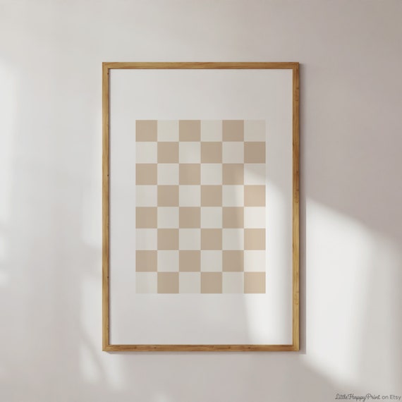 Checkers Beige Tan White Print Abstract Checkerboard Groovy Trendy Retro Boho Funky Y2k Neutral Wall Art Instant Download