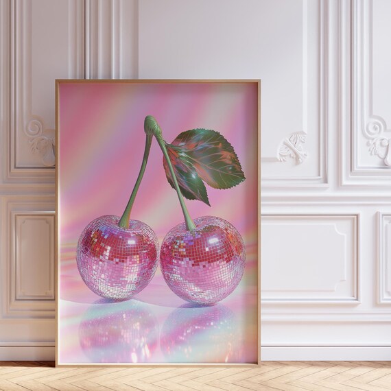 Disco Cherry Poster Funky Kitchen Print For Aesthetic Room Decor Dopamine Decor For Kitchen Disco Coquette Room Decor Pink Wall Art