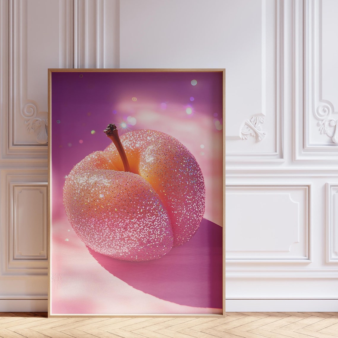 Glitter Peach Fruit Sparkle Pink Bokeh Funky Kitchen Art Poster
