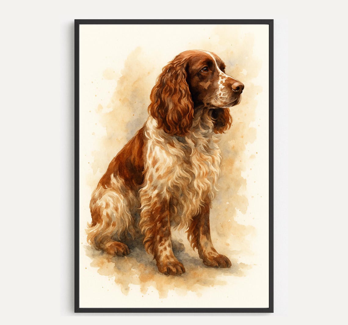 Springer Spaniel Watercolor Dog Portrait Flowing Brown Coat Poster