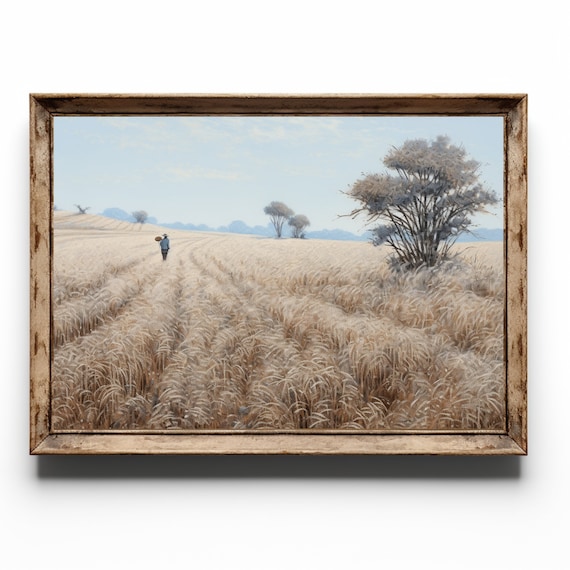 Lone Farmer in Golden Wheat Field Rural Countryside Art Poster