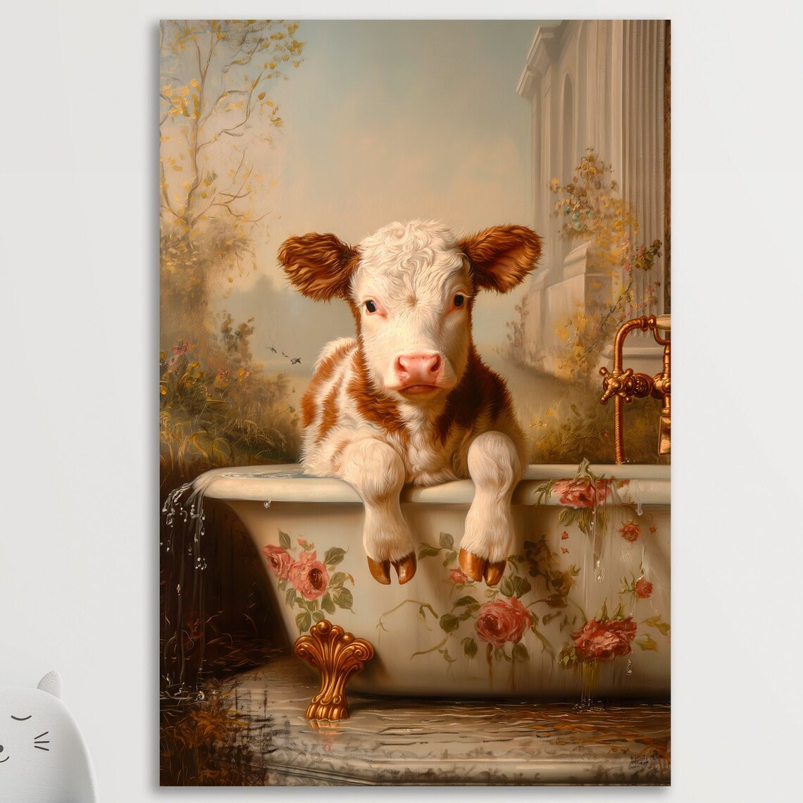 Whimsical Calf In A Floral Bathtub Vintage Style Art Print