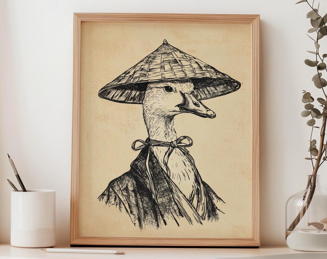 Duck Wearing Conical Hat Vintage Ink Sketch Quirky Animal Poster