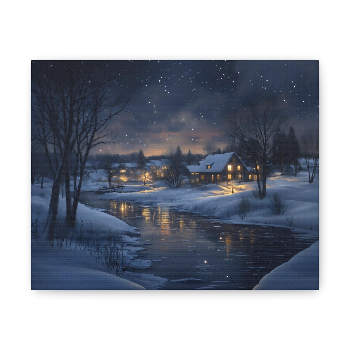 Winter Village At Night With Glowing Windows Reflecting On River Wall Art - Image 3