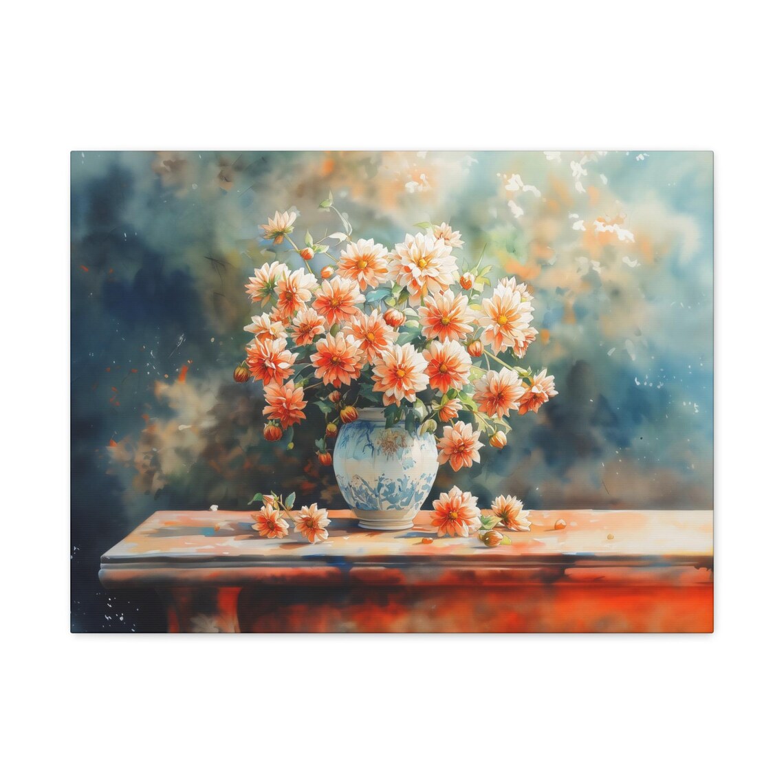 Peach Dahlias in Blue Vase Dark Moody Watercolor Floral Poster - Image 2