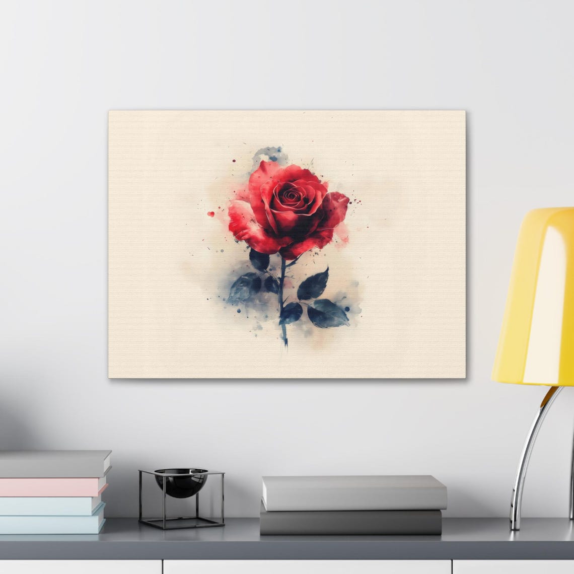 Single Red Rose Watercolor Splash Bloom Cream Minimalist Art Print - Image 2