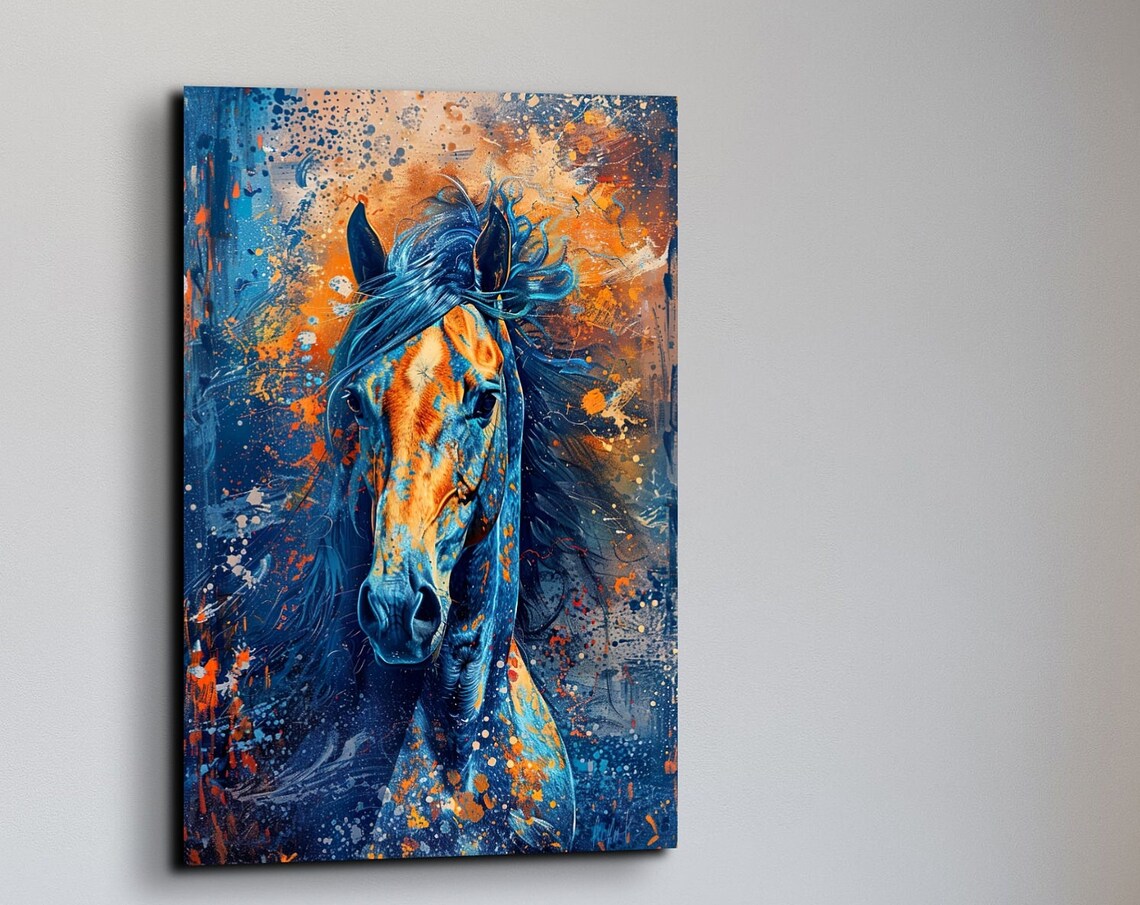 Wild Horse Portrait in Blue Orange Splatter Paint Abstract Poster