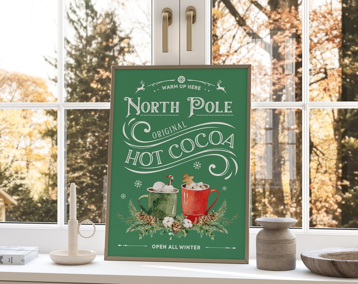 North Pole Original Hot Cocoa Mugs Green Kitchen Sign Wall Art