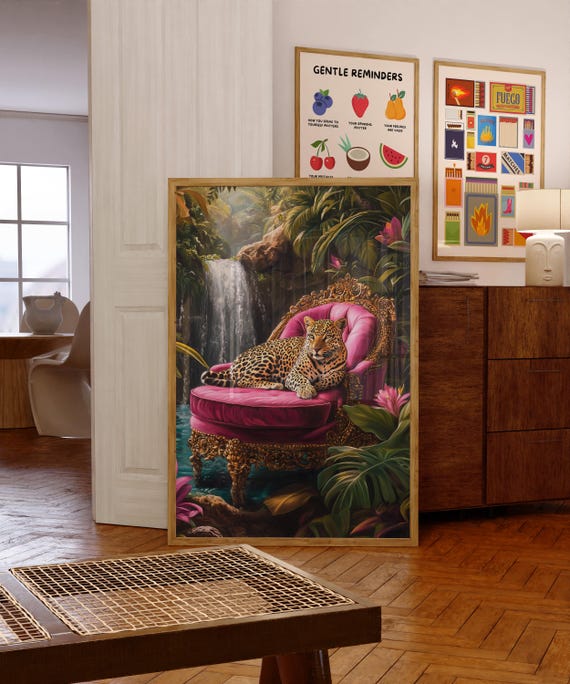 Leopard Wall Art Wall Art Sleeping Leopard Maximalist Oil Painting Pink Bedroom Poster Kitsch Animal Floral Print Leopard Poster