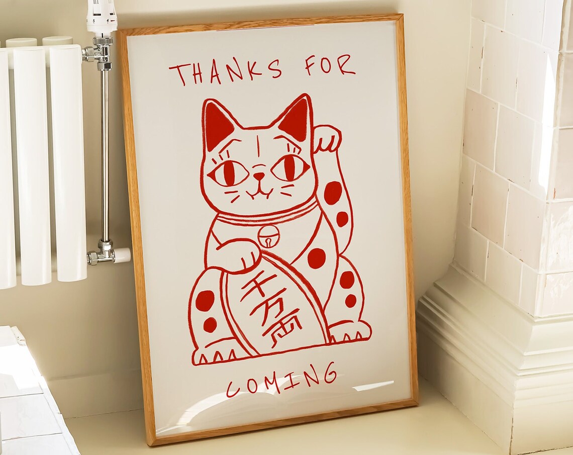Thanks For Coming Lucky Cat Retro Hallway Art Print