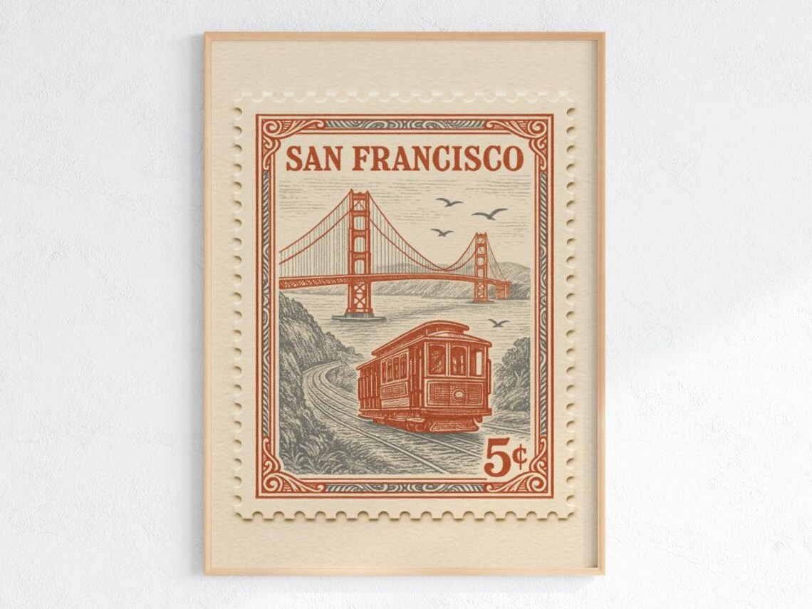 San Francisco Golden Gate Bridge Vintage Postage Stamp Art Print 5 Cents