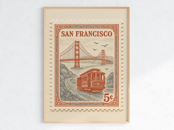 San Francisco Golden Gate Bridge Vintage Postage Stamp Art Print 5 Cents