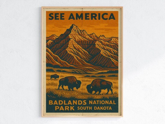 Badlands National Park South Dakota Vintage WPA Style Bison Poster