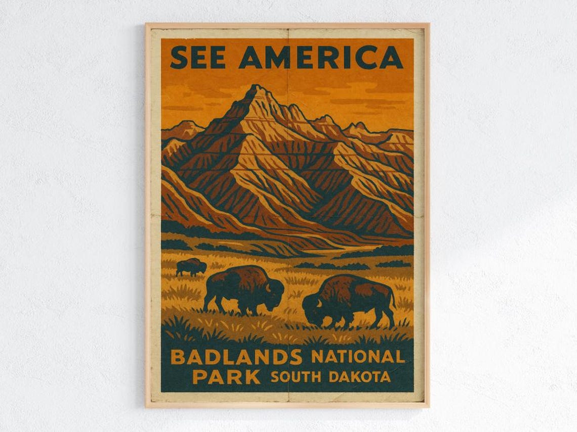 Badlands National Park South Dakota Vintage WPA Style Bison Poster