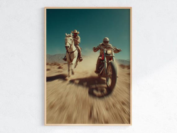 Cowboy Wall Art Western Horseback Rider And Motorcycle Print Rustic Desert Action Poster Modern Southwest Artwork Adventure Decor