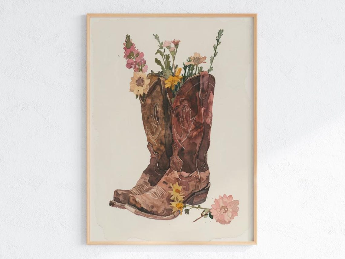 Cowboy Boots with Wildflowers Rustic Western Watercolor Poster