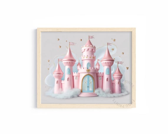 Pink Castle Print Nursery Wall Art Princess Room Decor Dreamy Illustration Art 335