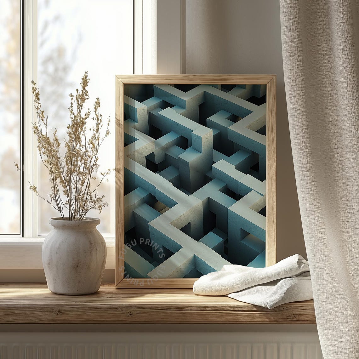 Geometric Maze Art Abstract Labyrinth Print Blue Gray Modern Wall Art Minimalist Poster 305 - Image 4