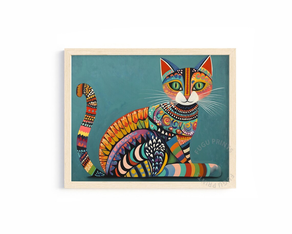 Colorful Folk Art Cat Teal Background Whimsical Cat Art Poster