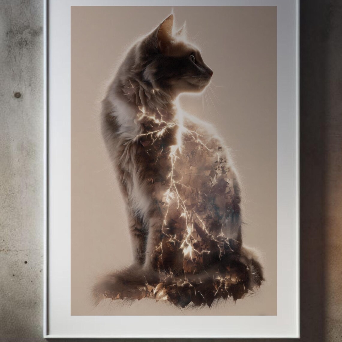 Radiant Cat Glowing Lightning Energy Fantasy Feline Art Poster