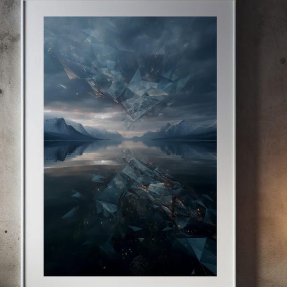 Fractured Skies Surreal Geometric Landscape Wall Art Print Abstract Mountain Poster 5 Sizes
