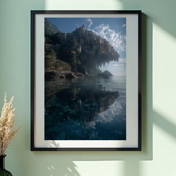 Surreal Cliffside Cityscape Art Print Fantasy Coastal Village