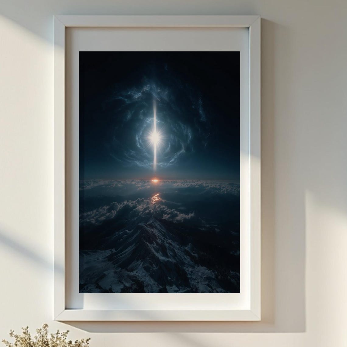 Celestial Starburst Night Sky Snowy Mountain Peak Art Poster