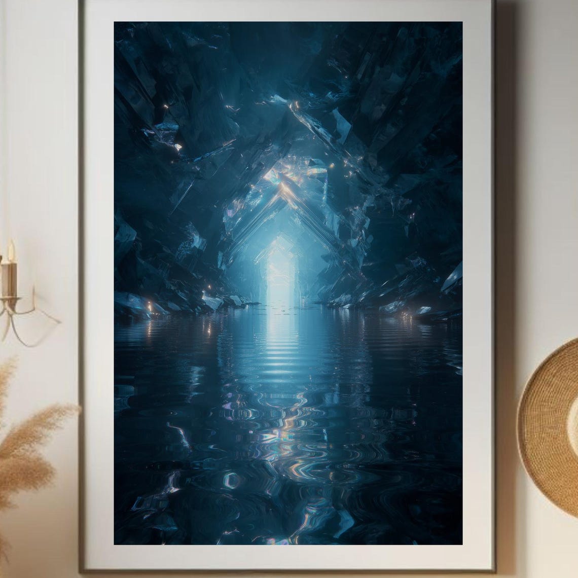 Crystal Cave Fantasy Wall Art Print Surreal Blue Landscape Mystical Dreamscape Poster