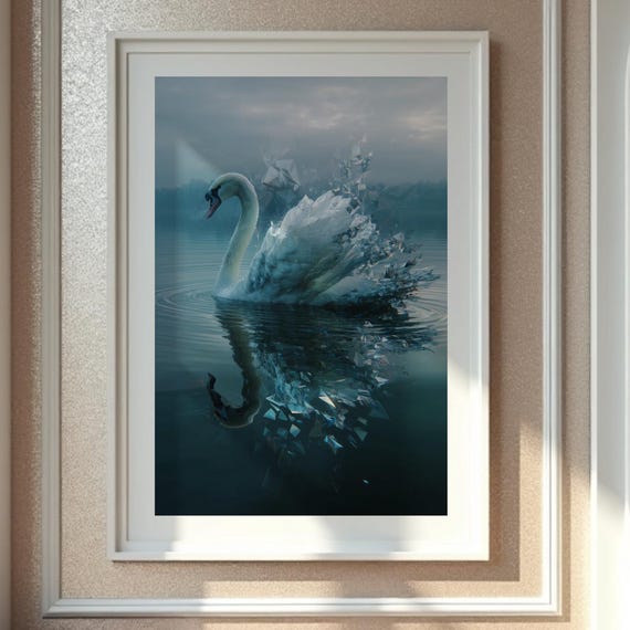 Crystal Swan Surreal Lake Bird Wall Art Print Elegant Fantasy Poster 5 Sizes