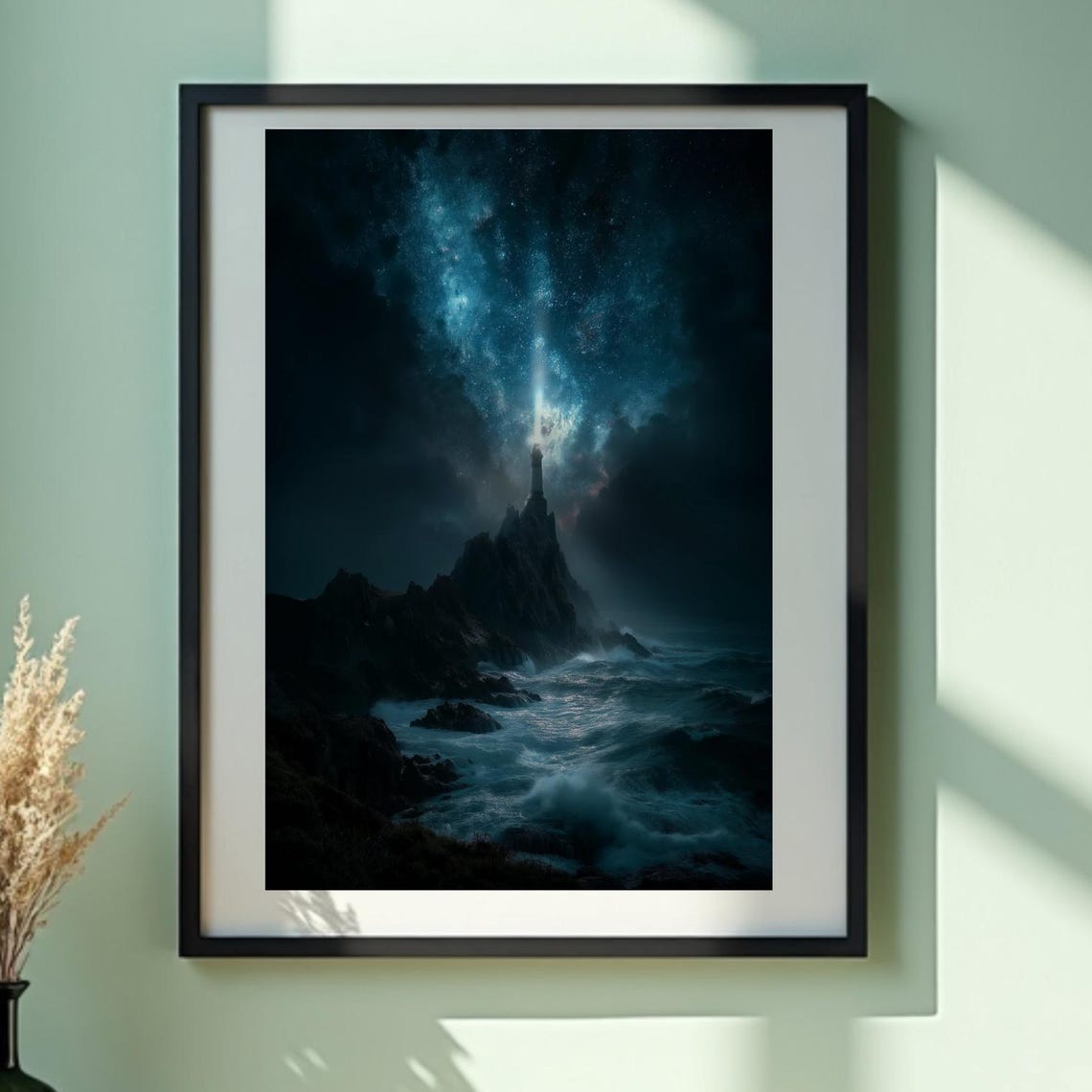 Cosmic Lighthouse Surreal Night Sky Ocean Fantasy Art Print