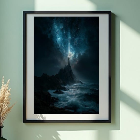 Cosmic Lighthouse Surreal Night Sky Ocean Fantasy Art Print