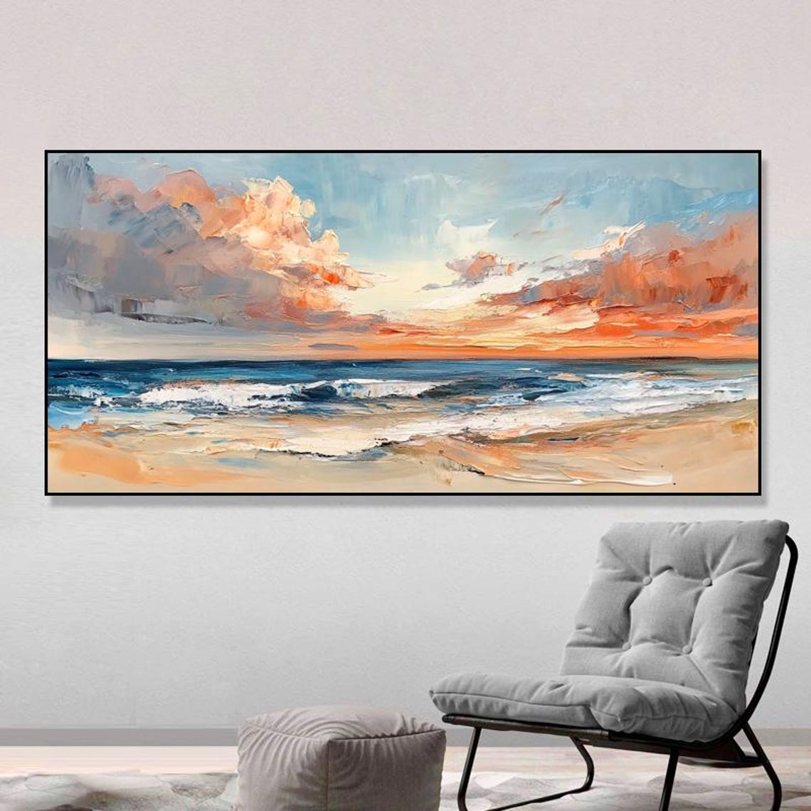 Warm Golden Sunset Over Rolling Ocean Waves on the Beach Poster