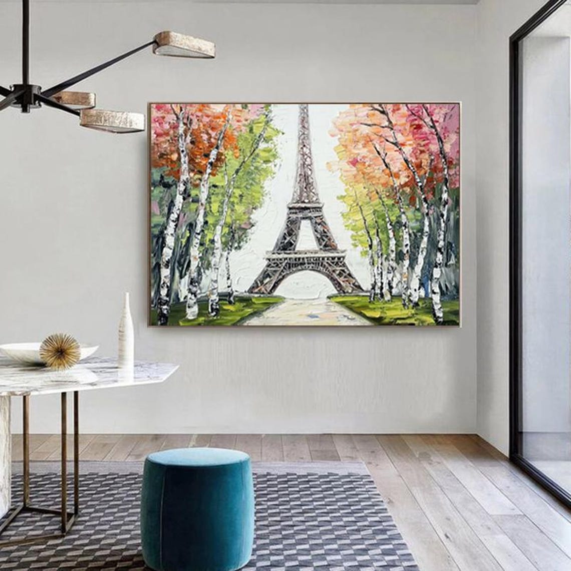Hand Painted Landscape Oil Painting Eiffel Tower With Forest Abstract Art Wall Decor For Living Room Entryway Dining Room - Image 3