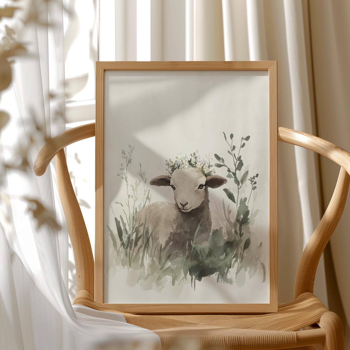 Lamb With Flower Crown Watercolor Cute Nursery Animal Wall Art Print