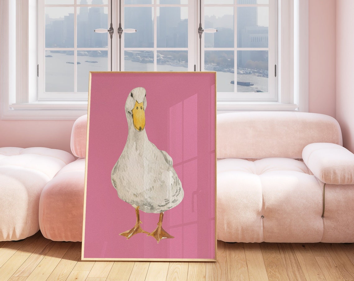 Sweet White Goose On Pink Watercolor Trendy Nursery Wall Art