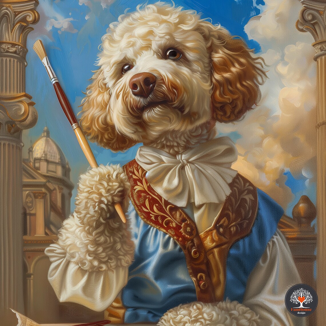 Curly Cream Dog Artist in Blue Baroque Coat Painting Studio Poster - Image 6