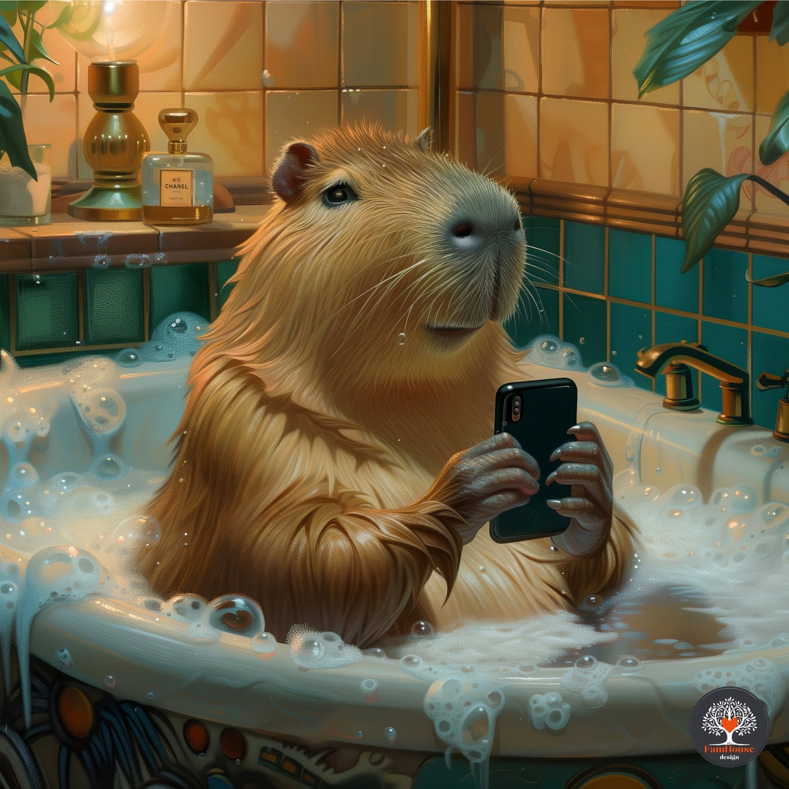 Whimsical Capybara Bath Time Relaxing in Vintage Bubble Bathtub Poster - Image 6