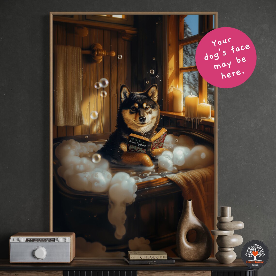Personalized Shiba Inu Portrait, Rustic Bathroom Decor
