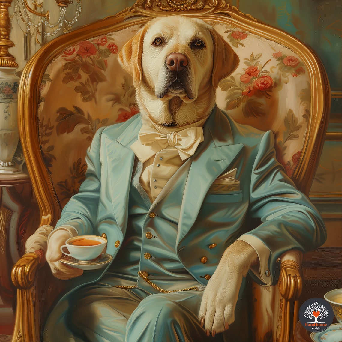 Yellow Labrador Gentleman in Teal Suit Sipping Afternoon Tea Poster - Image 5