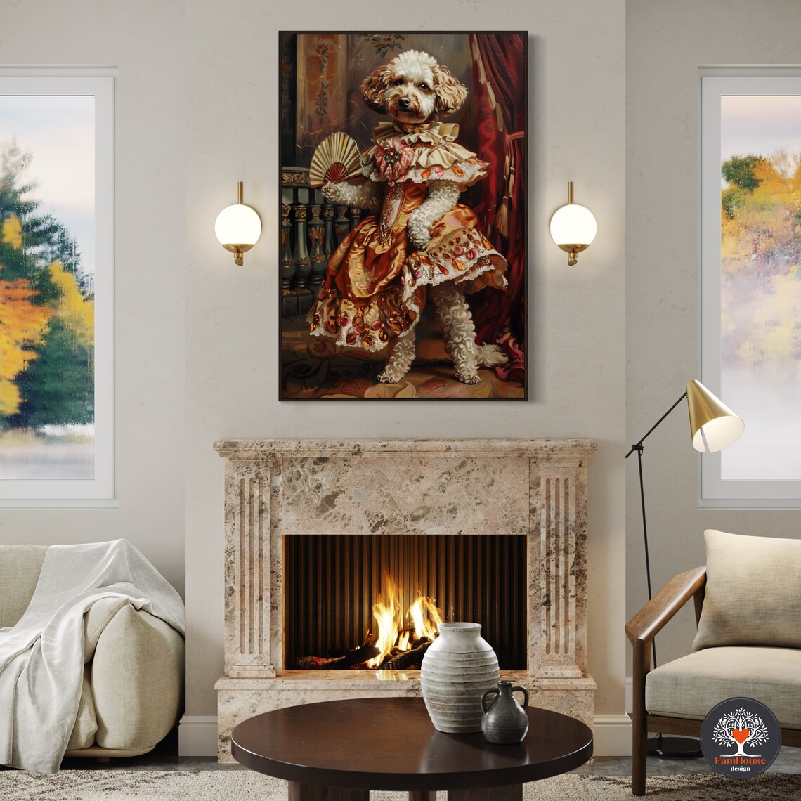 Curly White Dog in Regal Renaissance Gown Holding Fan Portrait Poster - Image 5