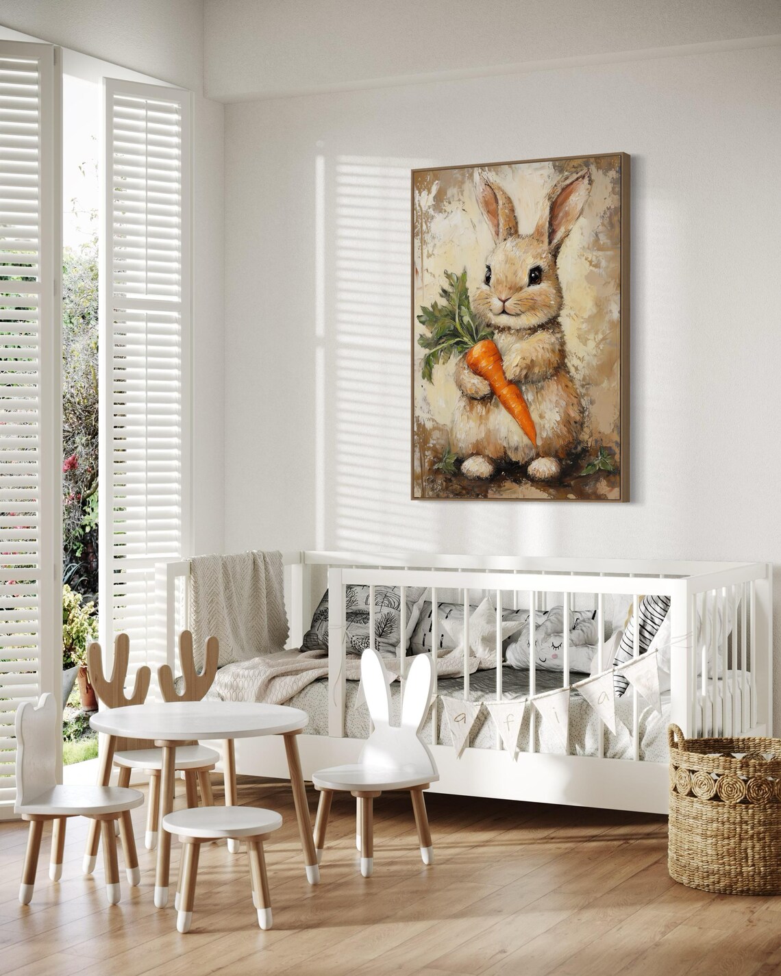 Adorable Bunny Holding a Carrot Oil Painting Rustic Style Poster - Image 4