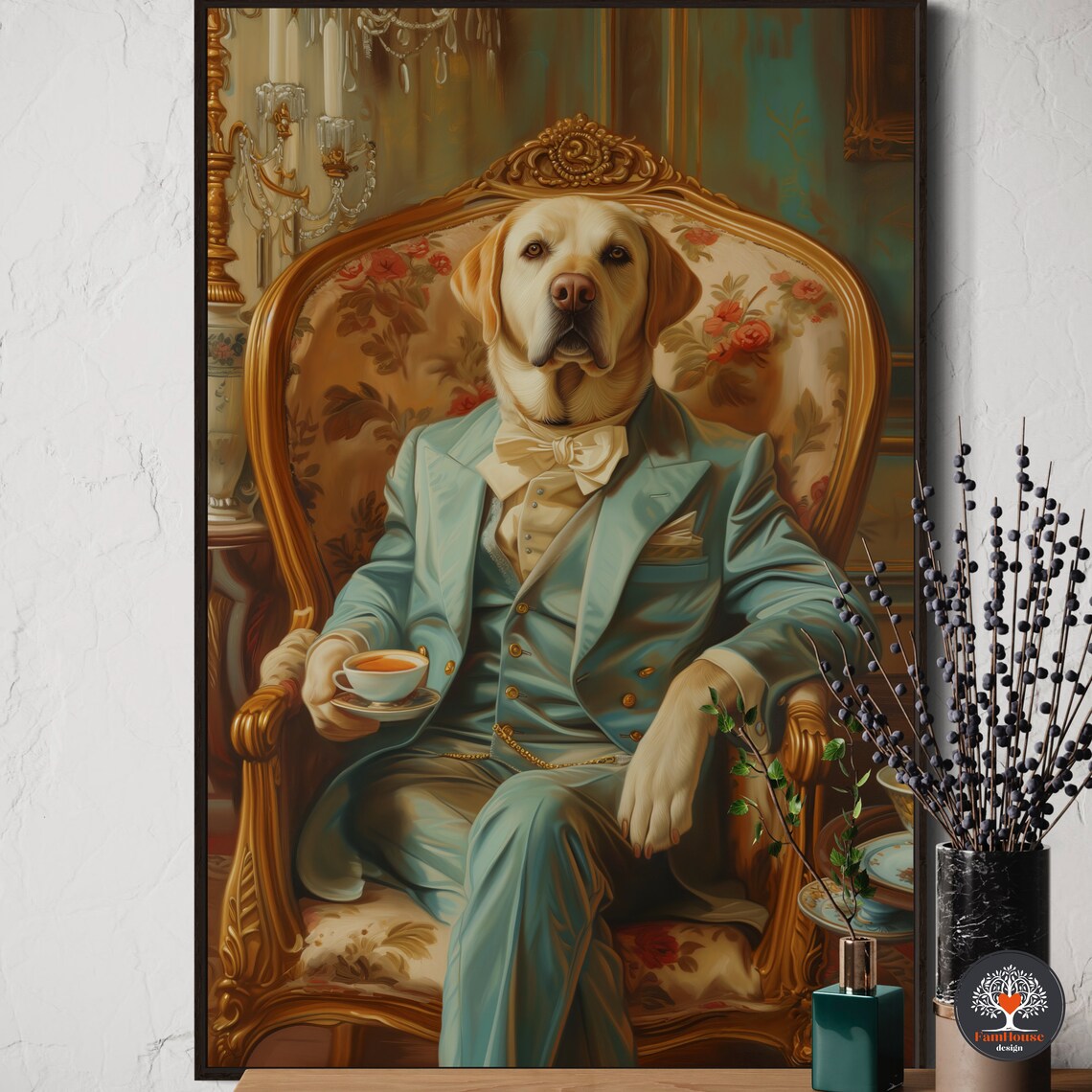 Yellow Labrador Gentleman in Teal Suit Sipping Afternoon Tea Poster
