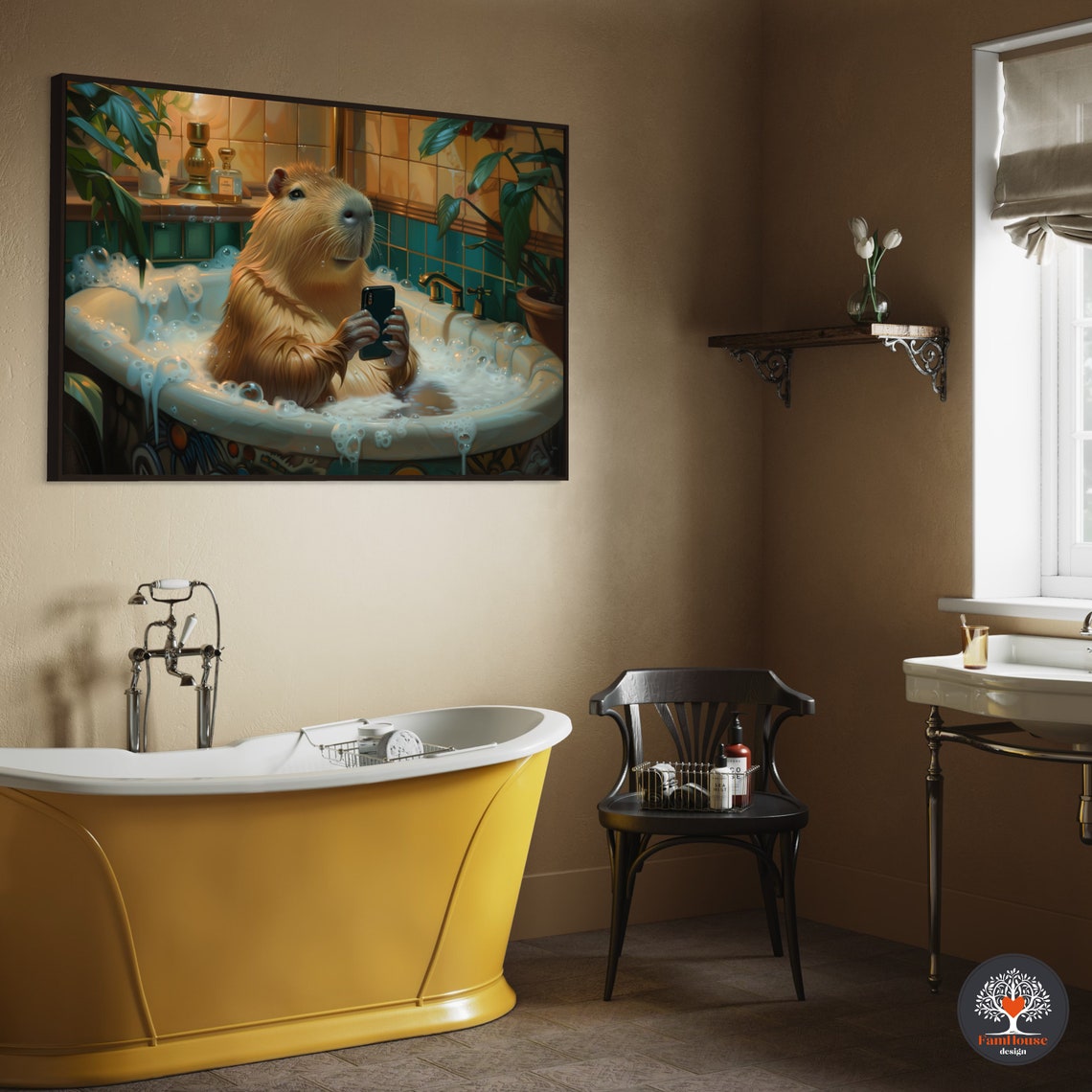 Whimsical Capybara Bath Time Relaxing in Vintage Bubble Bathtub Poster - Image 4