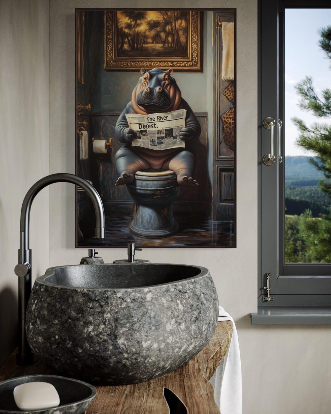 Funny Hippo on Toilet Reading The River Digest Newspaper Poster - Image 2