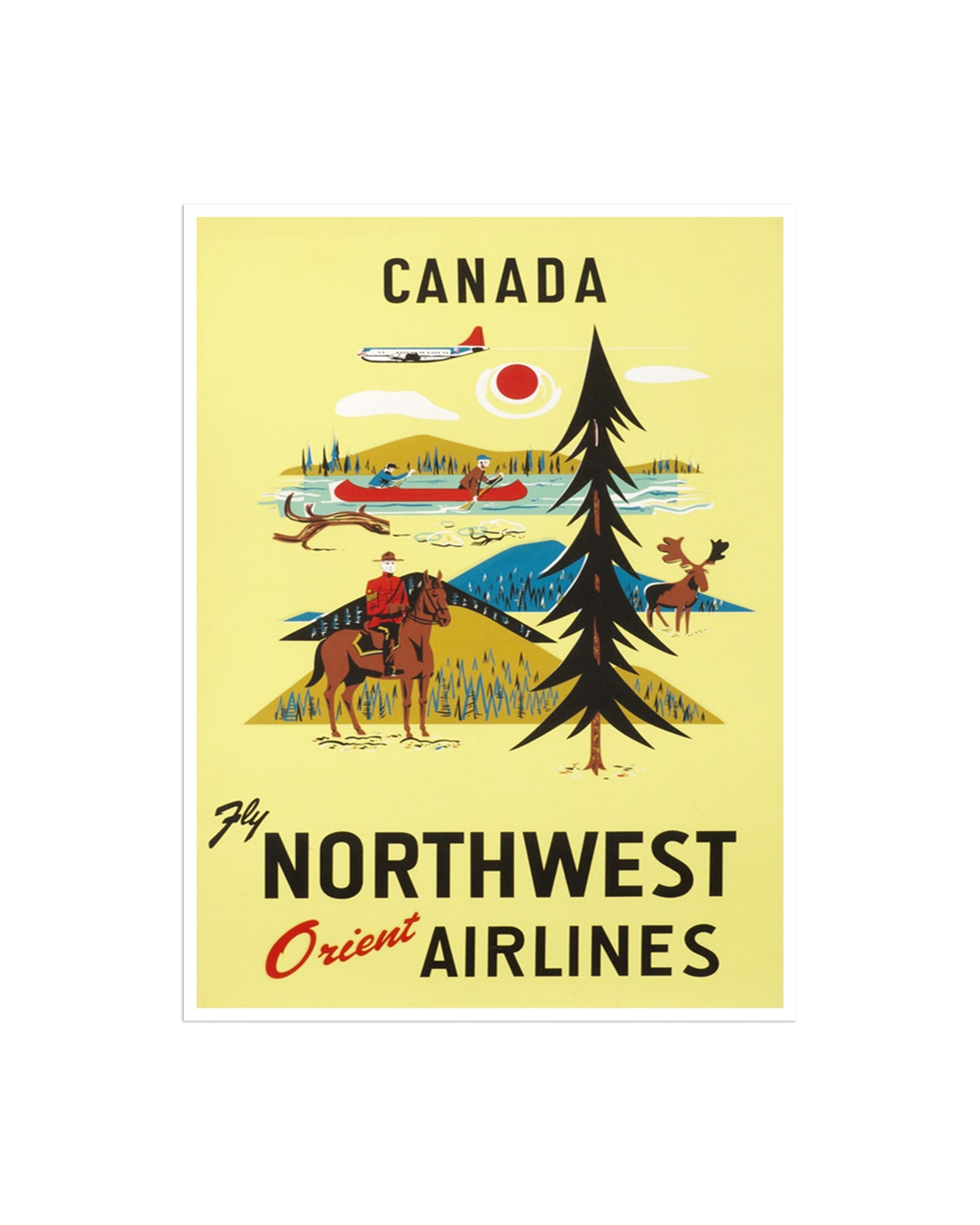 Canada Fly Northwest Orient Airlines Vintage Poster with Mountie