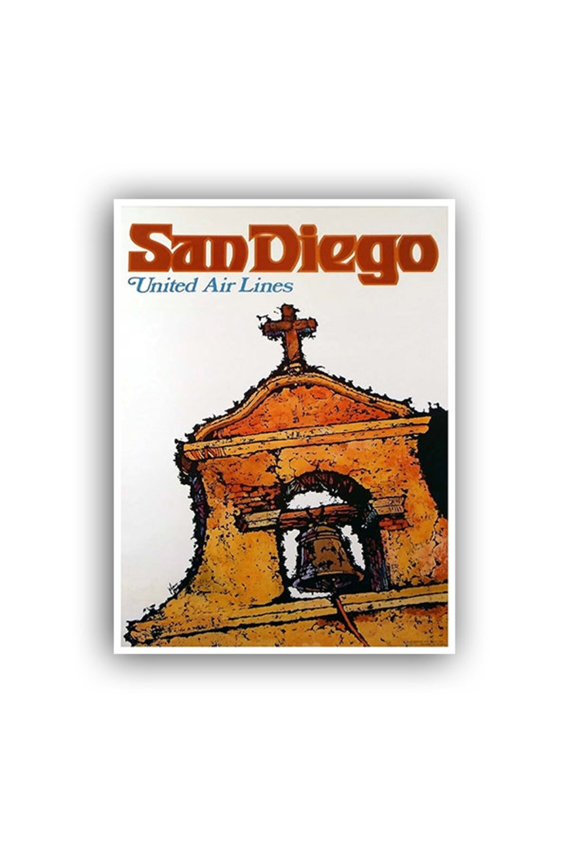 San Diego Mission Bell Tower United Air Lines Vintage Travel Poster