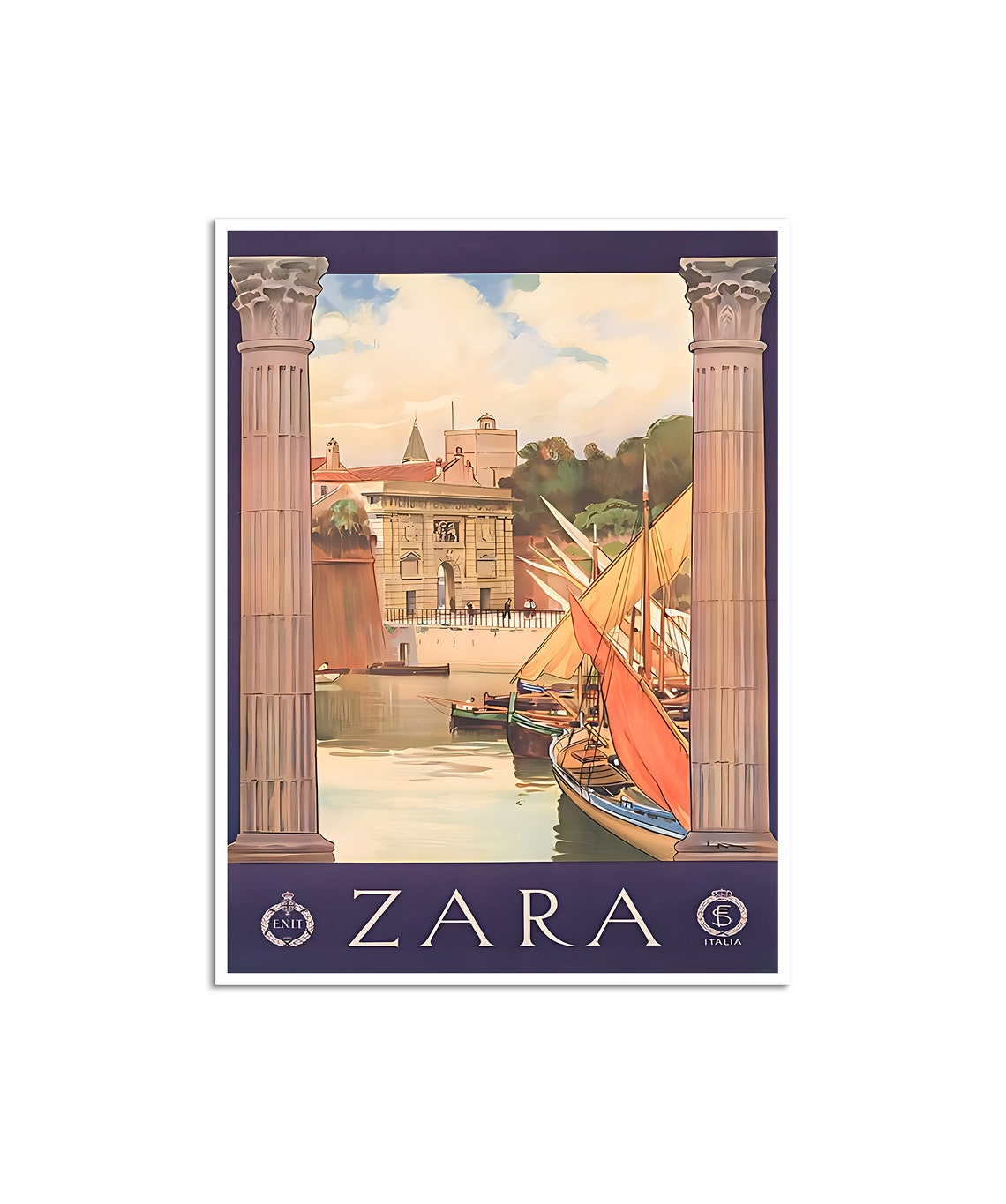 Zara Vintage ENIT Italian Tourism Harbor Columns Travel Poster