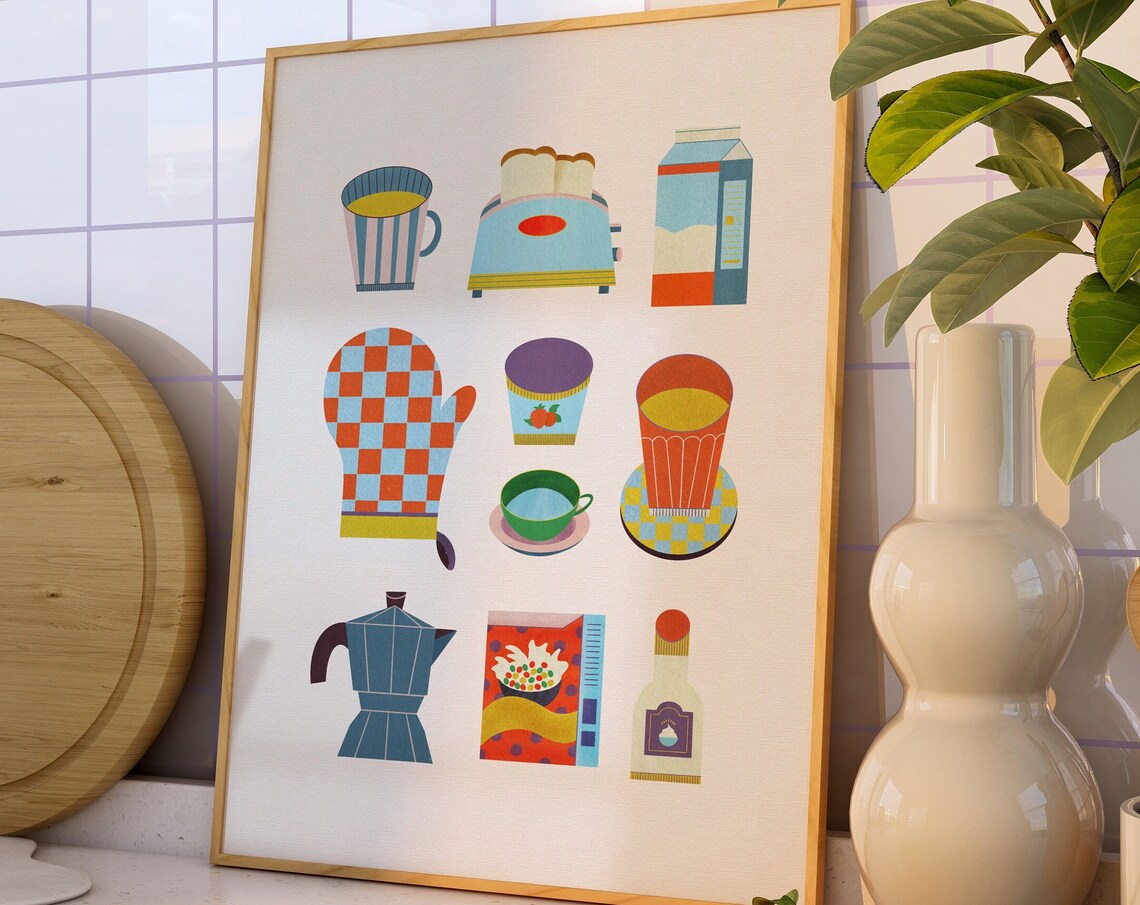 Retro Kitchen Items Poster, Cute Modern Kitchen