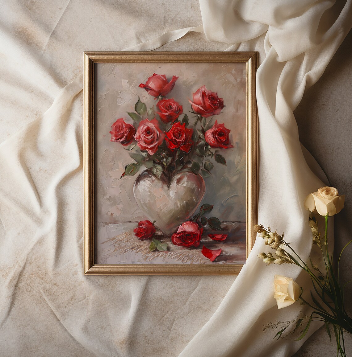 Red Roses Heart Shaped Vase Wall Art Print