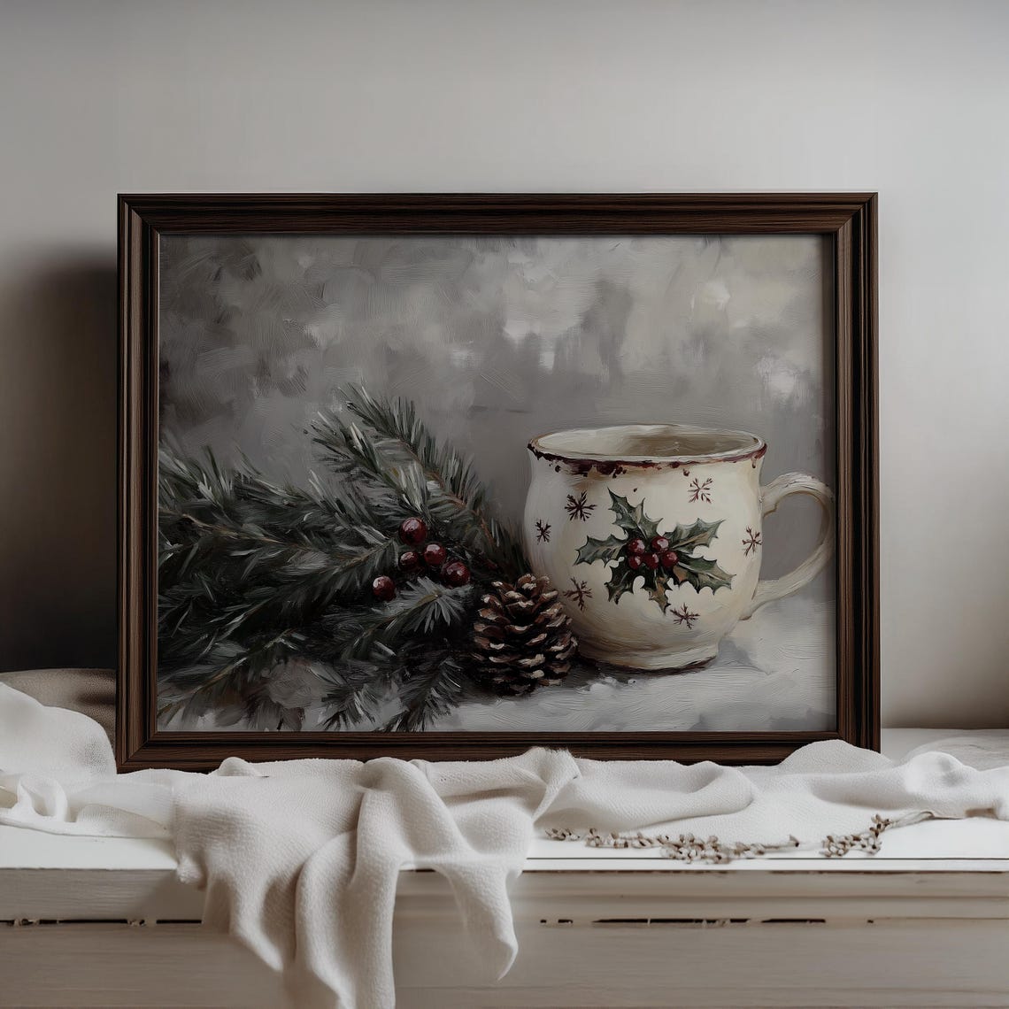 Rustic Holly Mug With Pinecones Cozy Christmas Kitchen Art Poster - Image 2